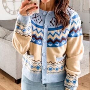 Blue and Cream Patterned Women's Sweater